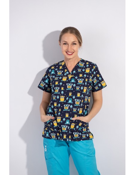 Дамска вталена туника за работа модел BAMBINA (бухали)